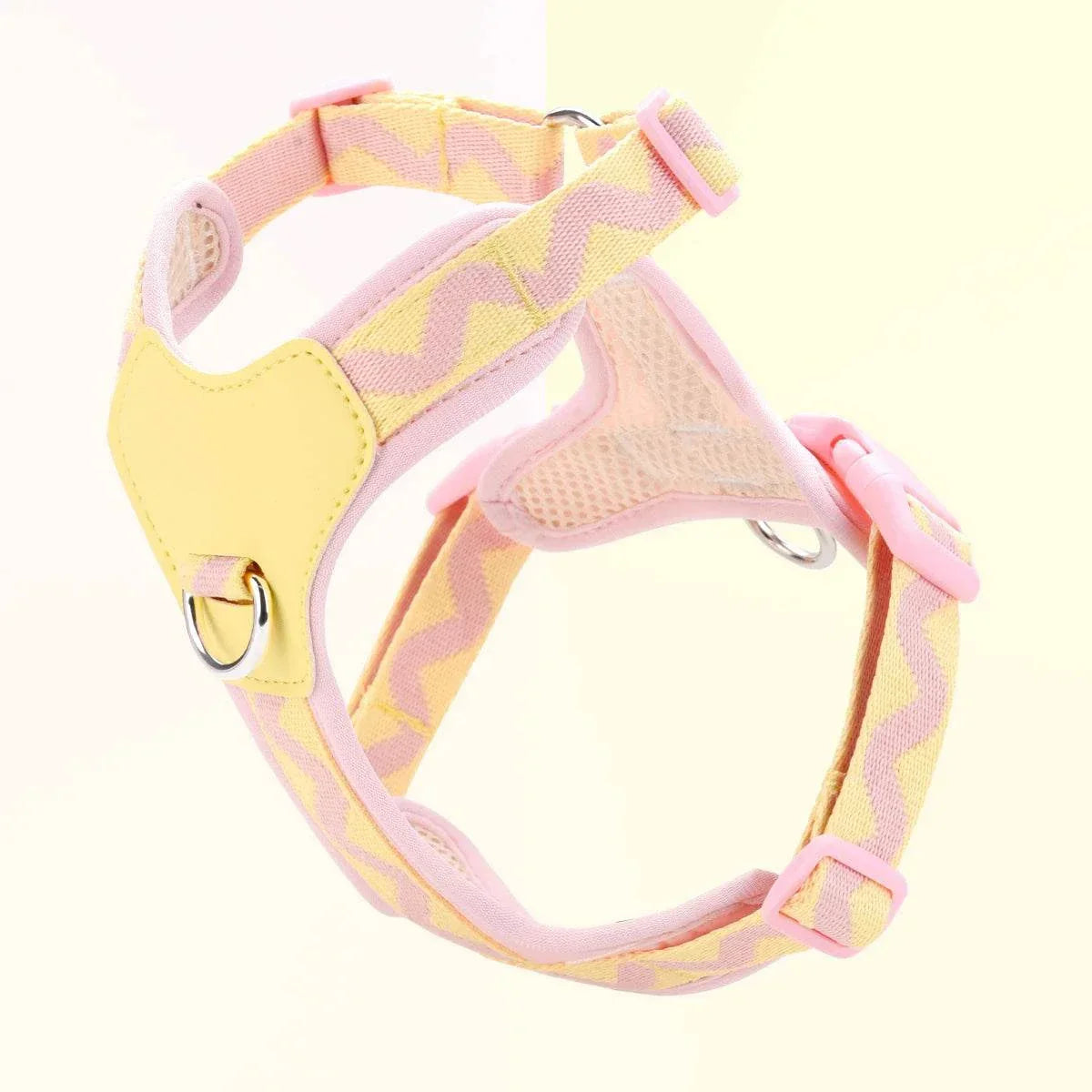 Pink and yellow printed ribbon dog harness with adjustable straps and metal ring for small to medium dogs