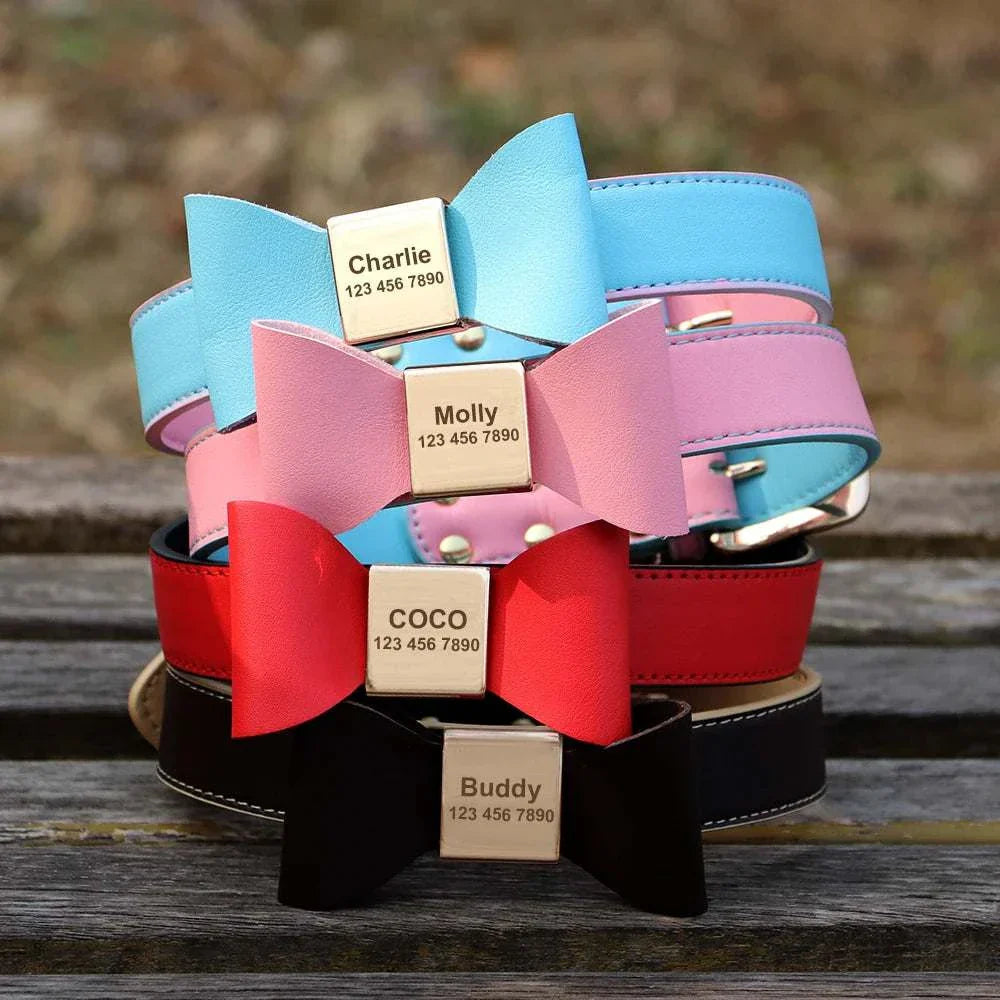Personalised dog collars with bowtie design in multiple colors and custom engraving for pet names and numbers
