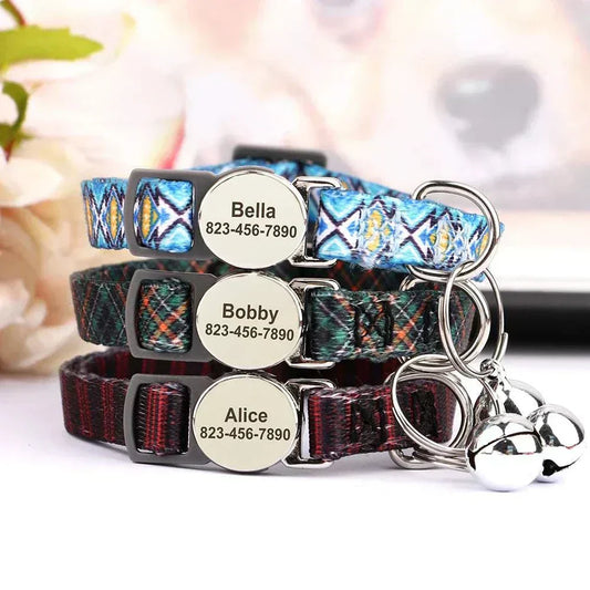 Personalised adjustable cat collars with custom engraved nameplates and safety bells in various patterned designs