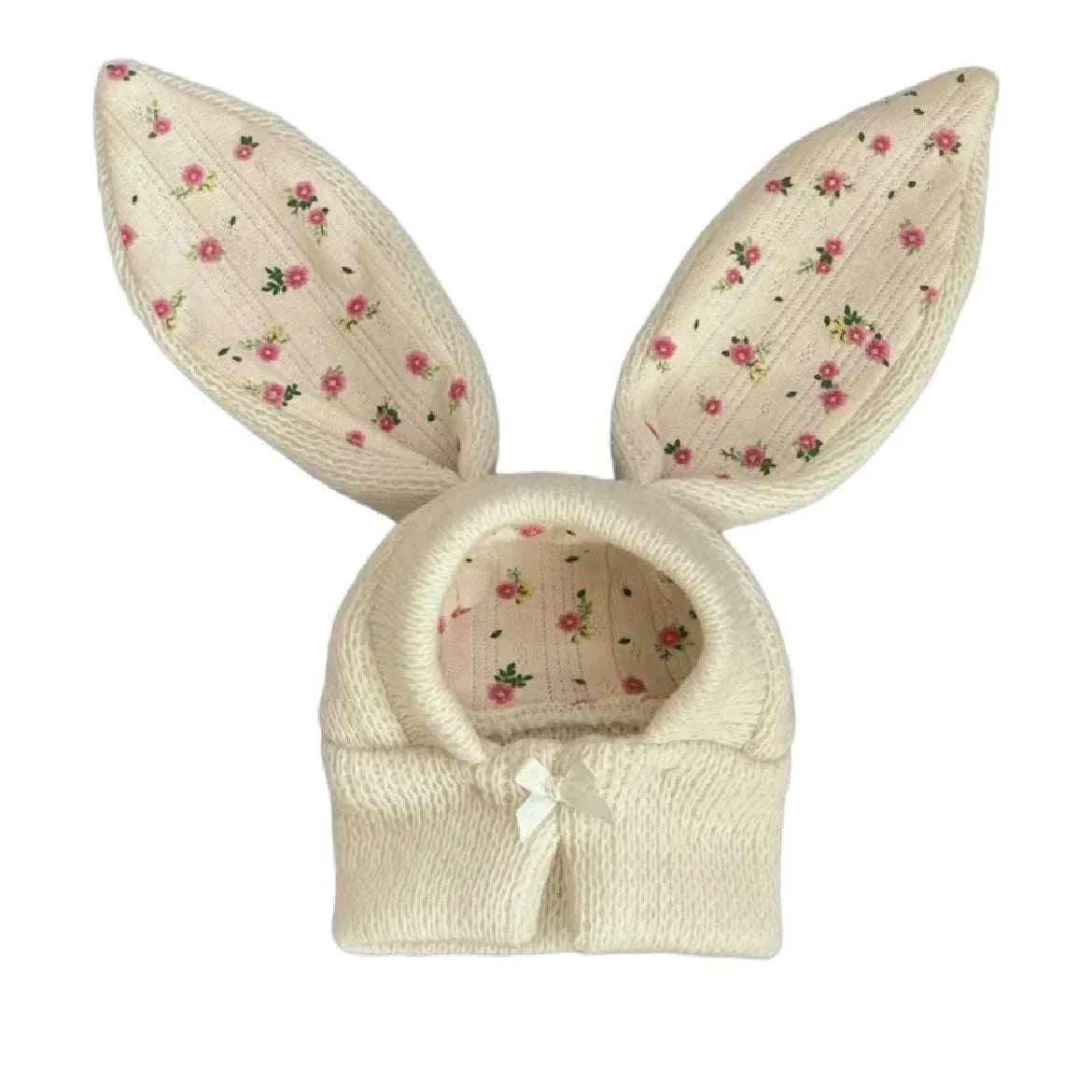 Cream knitted cute rabbit ears dog and cat cosplay hat with pink floral inner ear pattern