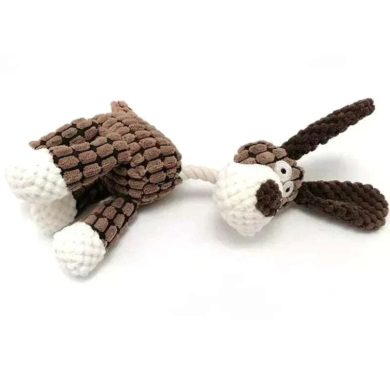 Brown and white donkey-shaped corduroy dog chew toy with squeaker for puppies