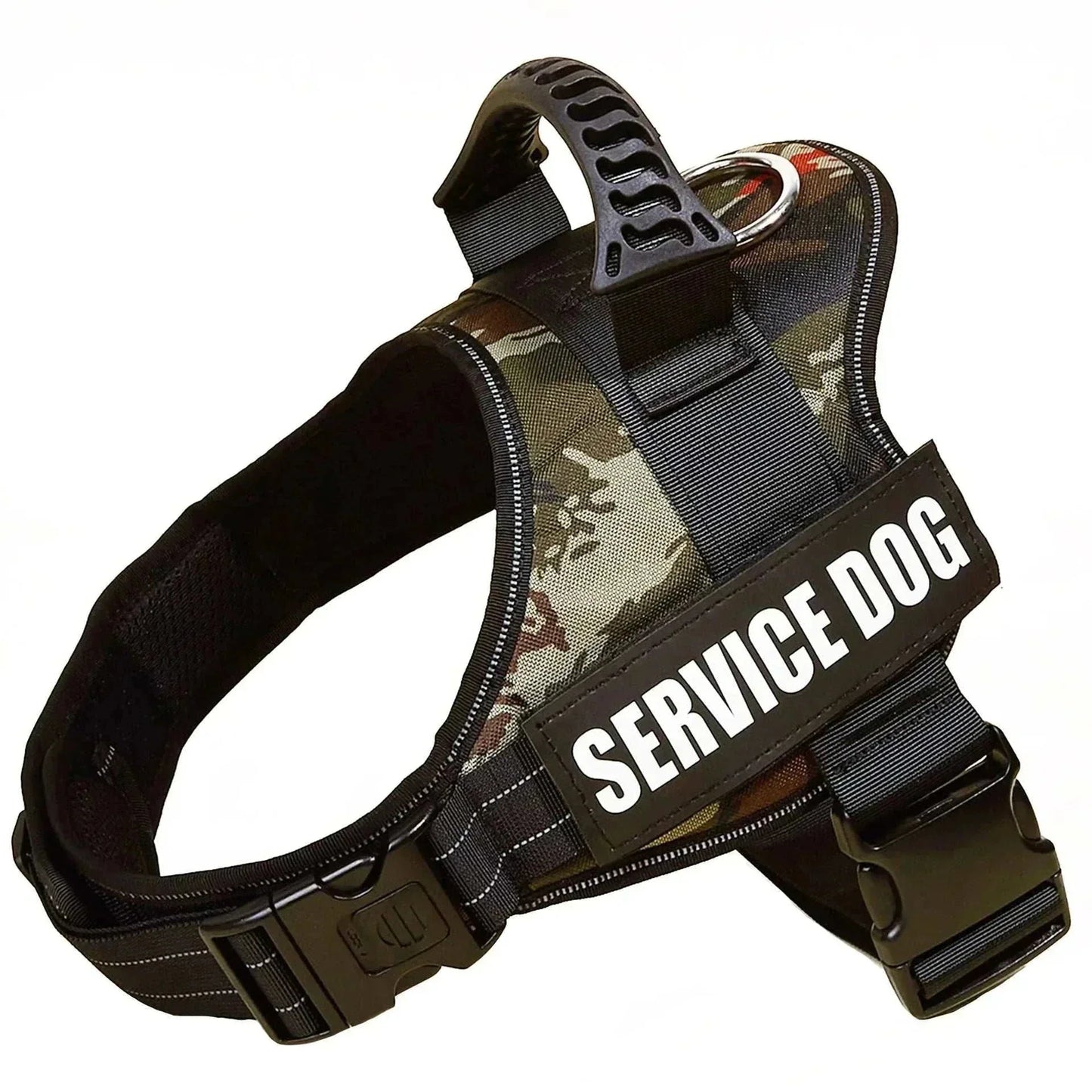 Personalised No-Pull Reflective Dog Harness in camouflage pattern with Service Dog label and adjustable straps
