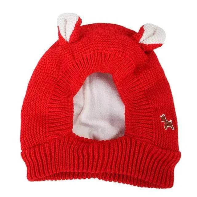 Red knitted anxiety relief ear protection hat for dogs with soft lining and ear covers