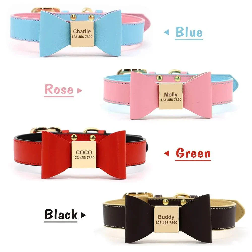 Personalised dog collar with bowtie in blue, rose, red, and black colors, engraved name and number on PU leather band.