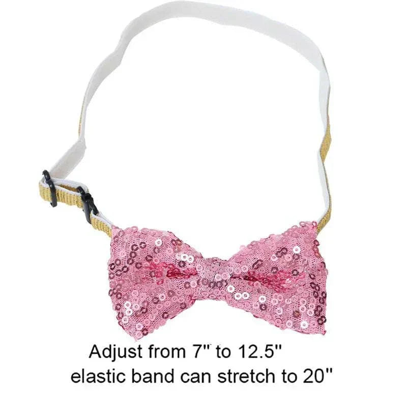 Adjustable pink sequin bow tie bandanna for dog birthday costume with stretchy elastic strap