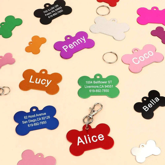 Colorful bone-shaped pet ID tags with personalized engraving for dog safety and identification