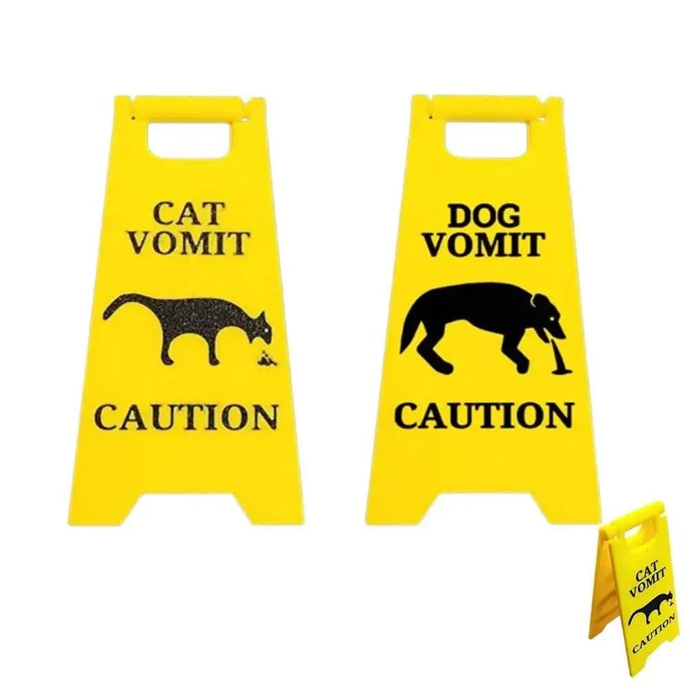 Bright yellow dog funny warning sign showing silhouette of a dog vomiting with caution text