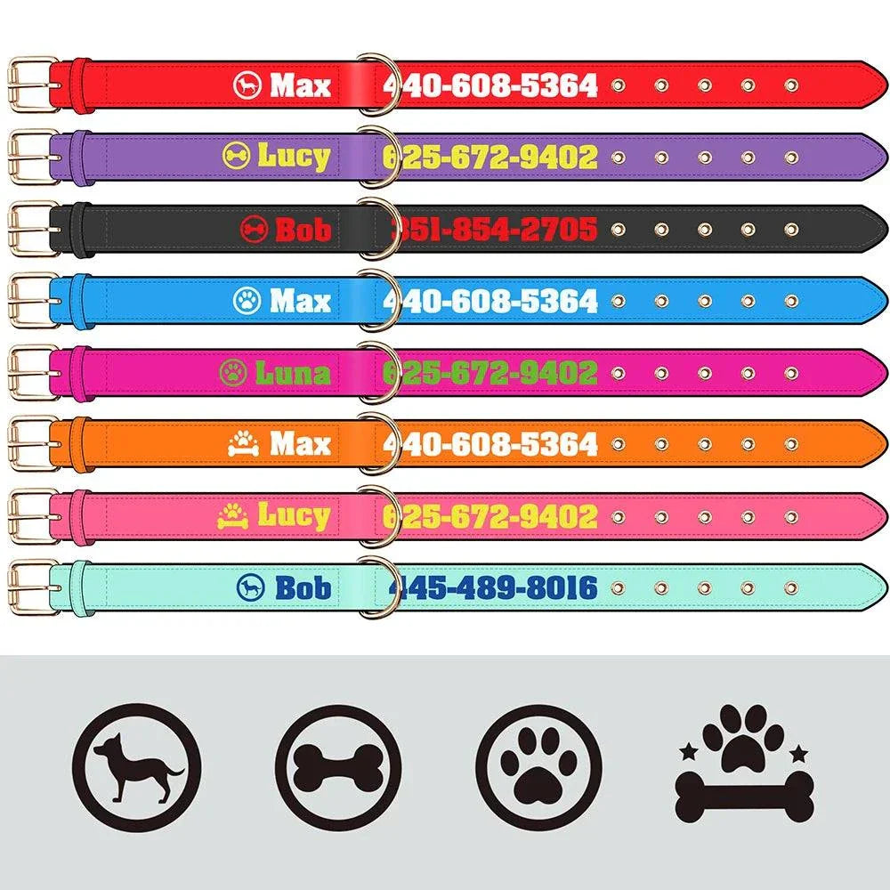 Colorful custom engraved soft padded PU leather dog collars for medium and large dogs with names and phone numbers