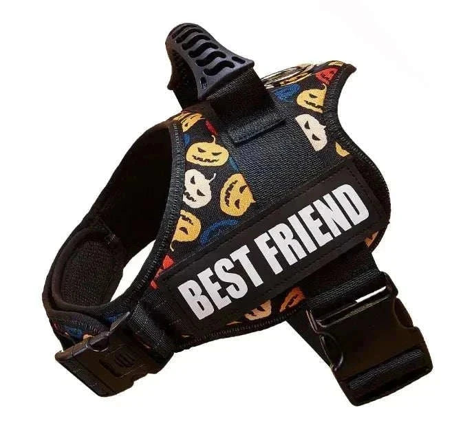 Personalised No-Pull Reflective Dog Harness with best friend text and colorful pattern for safe, comfortable walks