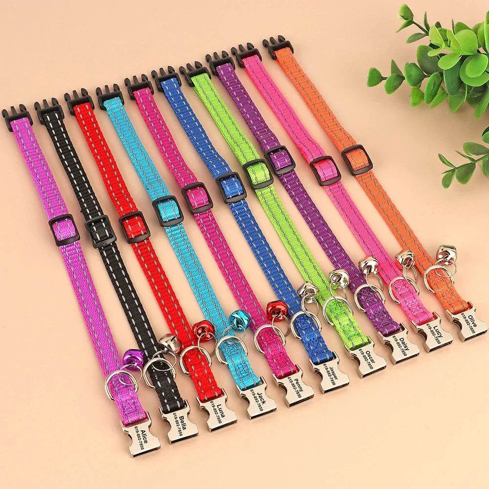 Personalised reflective collars for small dogs and cats in various colors with bells and custom engraving