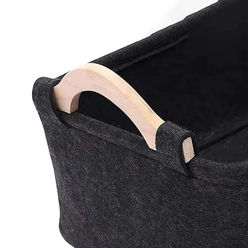 Pet Toy Storage Basket with wooden handle, felt material, 38x25x18cm size.