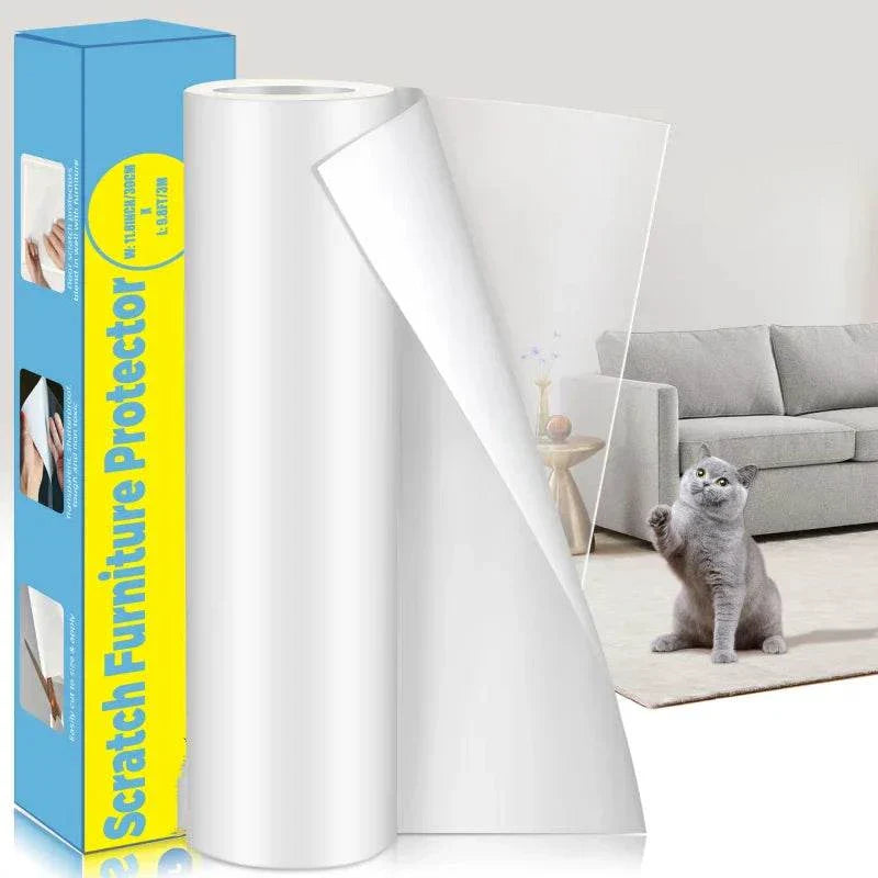 Transparent cat scratch deterrent tape on roll with packaging, protects furniture from cat scratches.