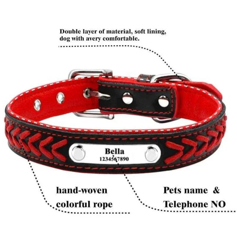 Personalised braided leather dog collar with custom engraved nameplate and phone number, hand-woven red and black design, soft lining, durable and stylish.