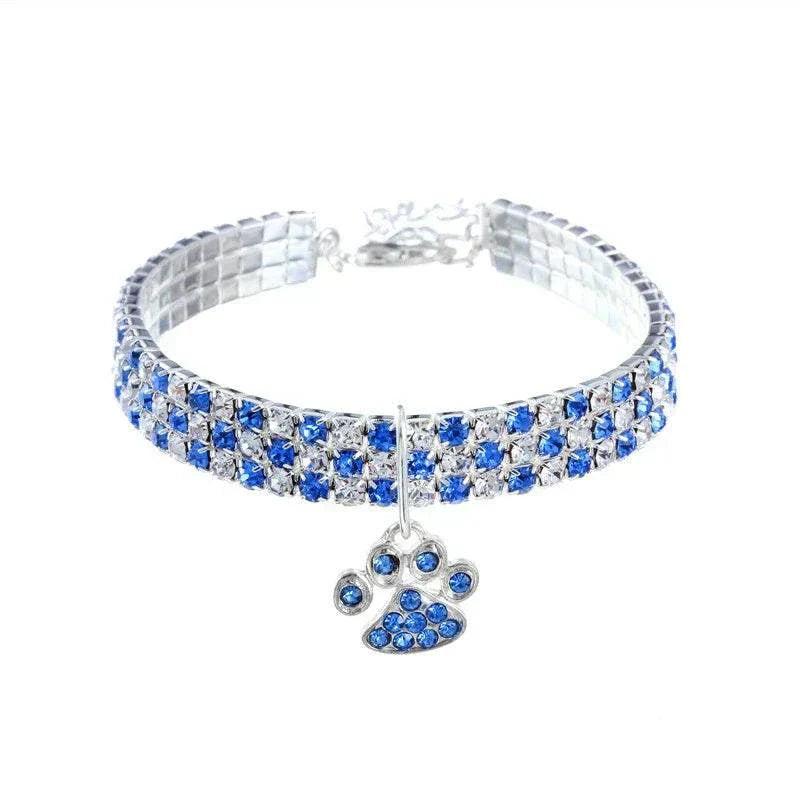 Pretty Kitty's Paw Pendant Cat Collar with blue rhinestones and silver plating for small to medium pets