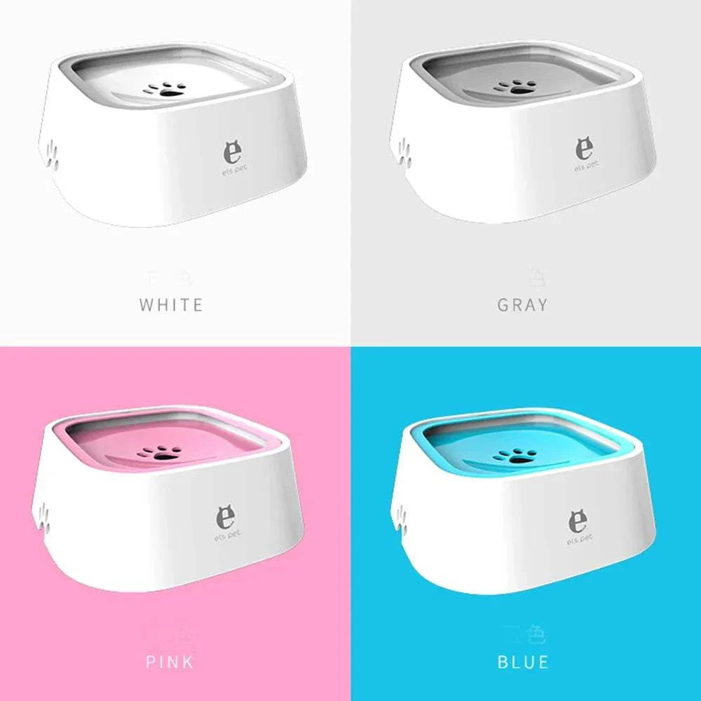 Personalised dog drinking water bowl with non-spill floating design in white, gray, pink, and blue colors, 1.5L capacity for cats and dogs