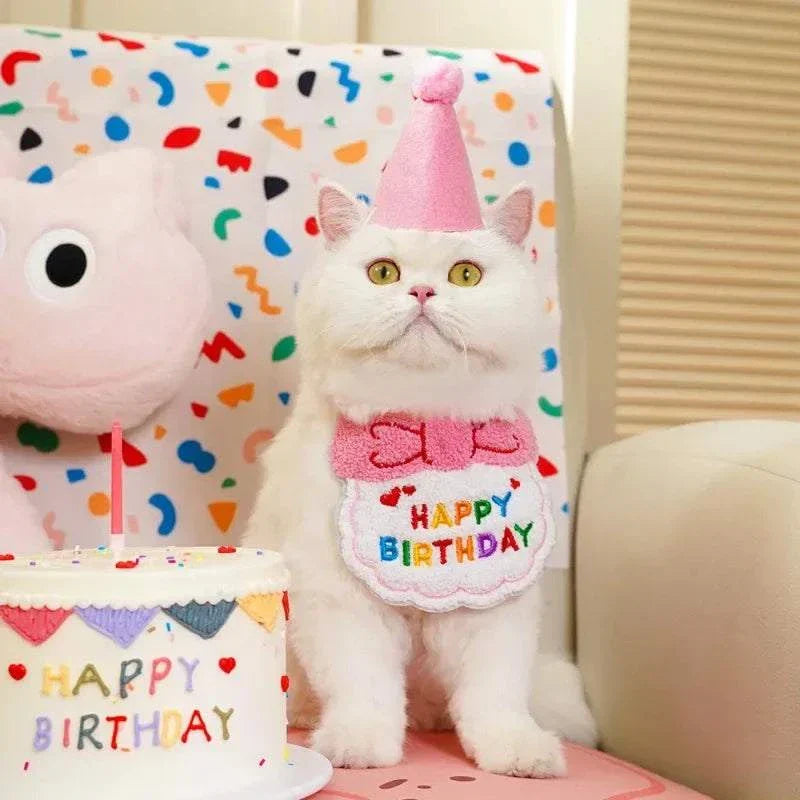 White cat wearing pink dog cat puppy birthday hat and bandana sitting beside colorful birthday cake