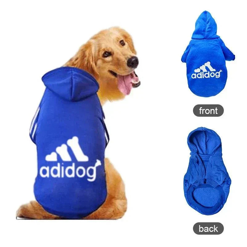 Golden retriever wearing royal blue Adidog hoodies dog jumper with logo, front and back views of cozy dog hoodie.