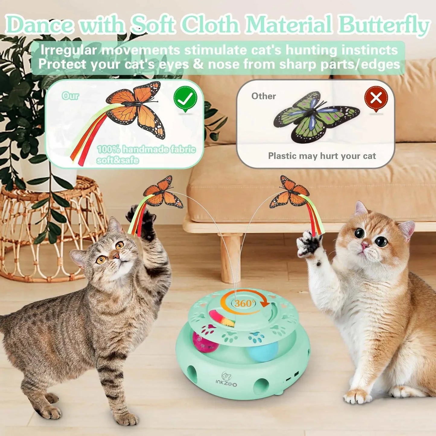 Interactive cat toy featuring fluttering butterfly, track balls, and mice whack-a-mole; promotes playful exercise with USB charging.