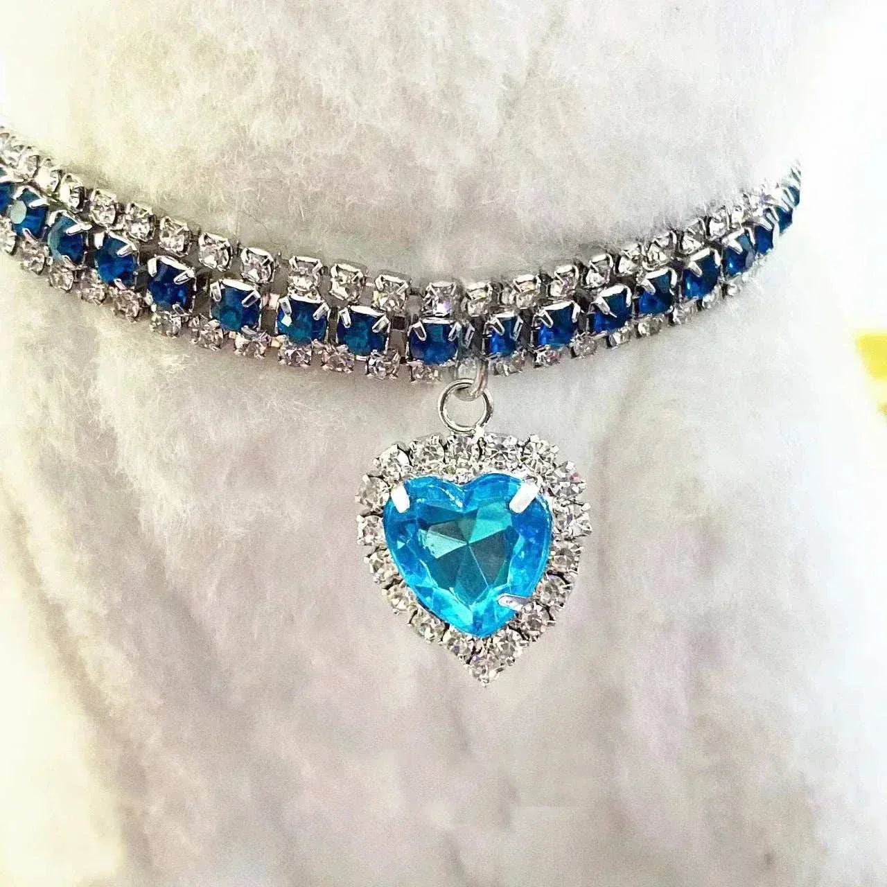 Pretty Kitty's heart pendant diamante collar necklace for cats in blue with silver plating