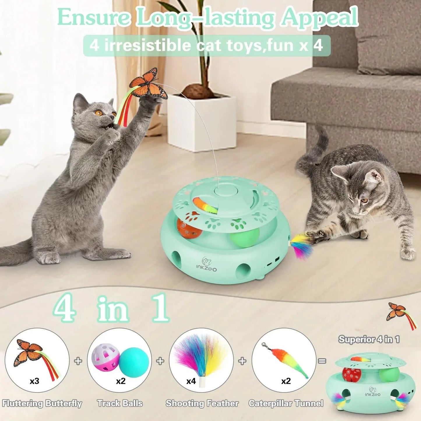 Interactive INKZOO 4-in-1 Cat Toys with Mice Whack-A-Mole, Fluttering Butterfly, and Track Balls, USB Rechargeable.