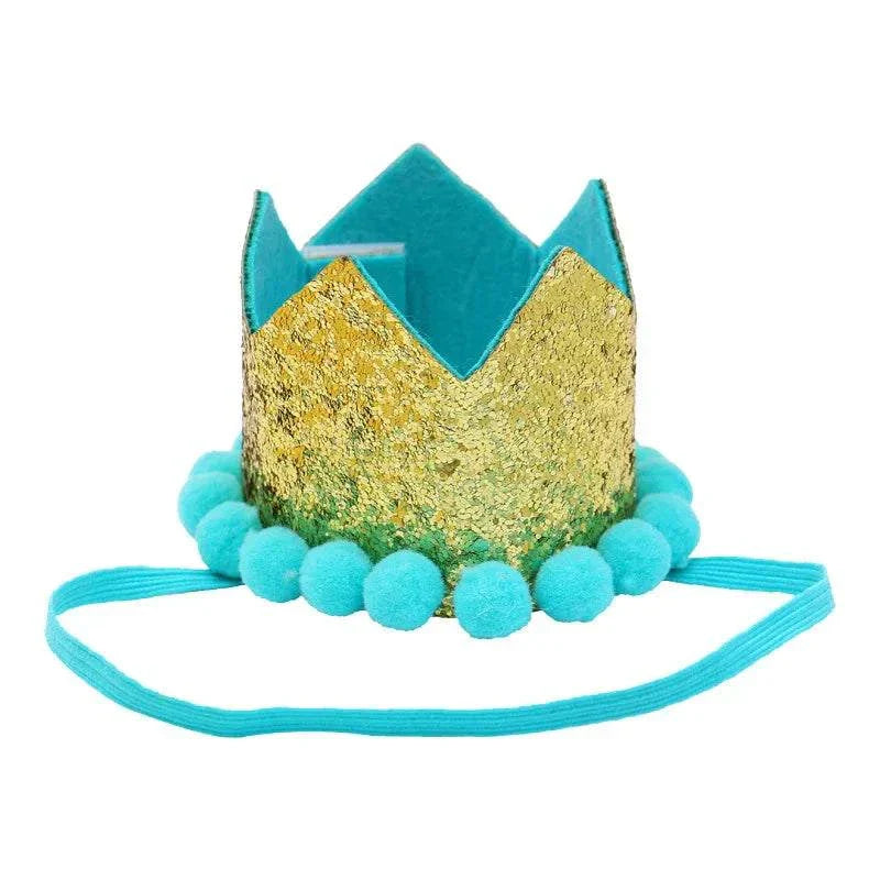 Blue and gold party hat with pom pom trim for dog birthday costume