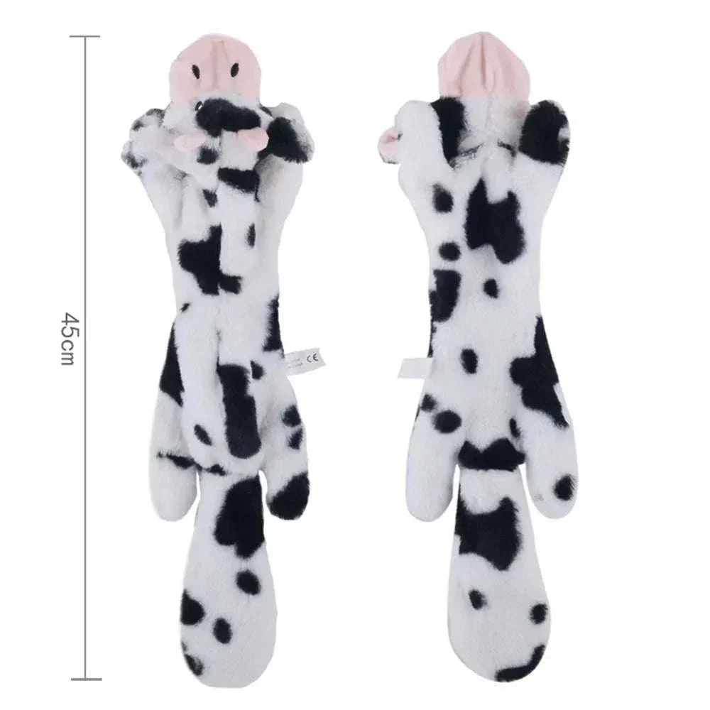 Plush squeaky stuffing-less dog toy shaped like a spotted animal, 45cm long, with crinkle texture and no stuffing for mess-free play.