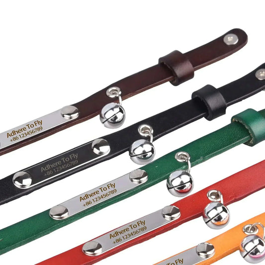 Customised leather cat collar with personalised engraving and safety bell in multiple colors