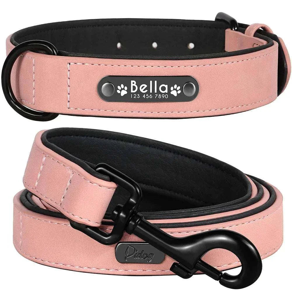 Customised pink leather dog collar and matching leash set with personalized nameplate for pets
