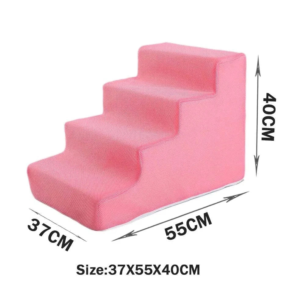 Pink pet stairs with four anti-slip steps for small dogs and cats, measuring 37x55x40 cm.