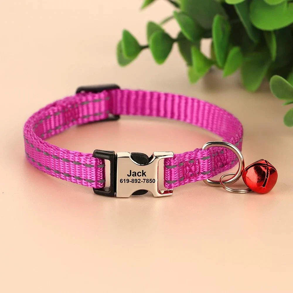 Personalised reflective pink cat collar with bell and custom engraving for small pets