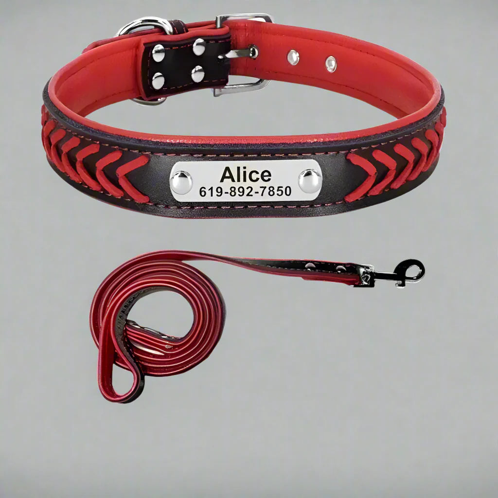 Personalised braided leather dog collar in red and black with custom engraved nameplate and matching leash