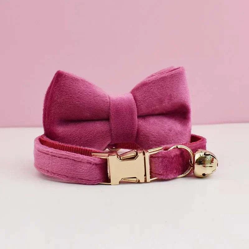 Luxury velvet cat collar in pink with bow tie, bell, and gold buckle, soft and adjustable design