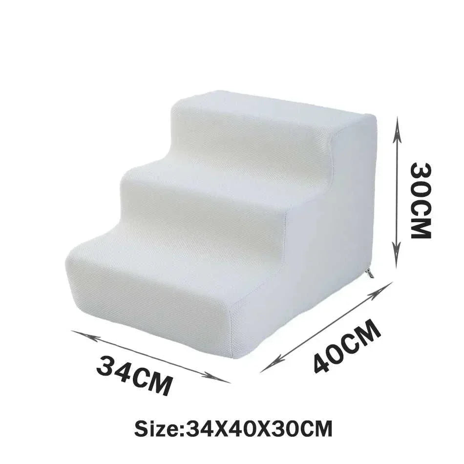 White 3-step pet stairs with anti-slip washable cover, size 34x40x30 cm for dogs and cats