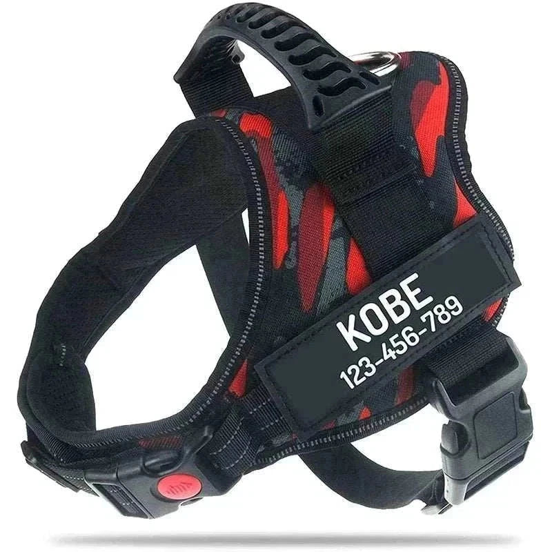 Personalised no-pull reflective dog harness in red camouflage pattern with adjustable straps and ID patch