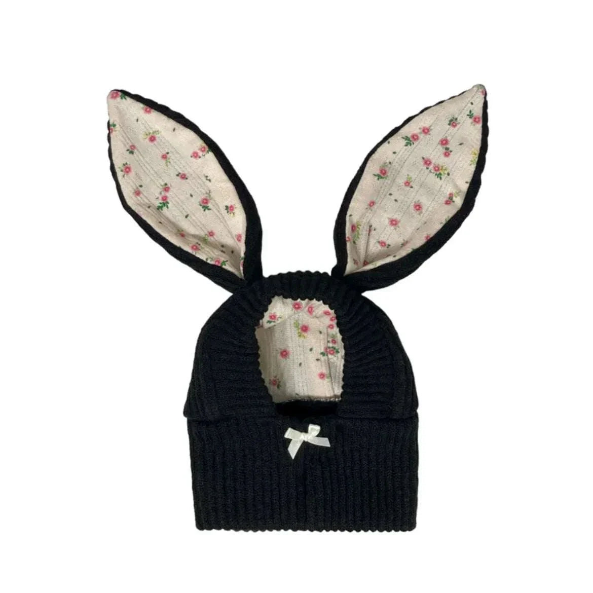 Black knitted dog hat with cute rabbit ears and floral inner lining for pet cosplay