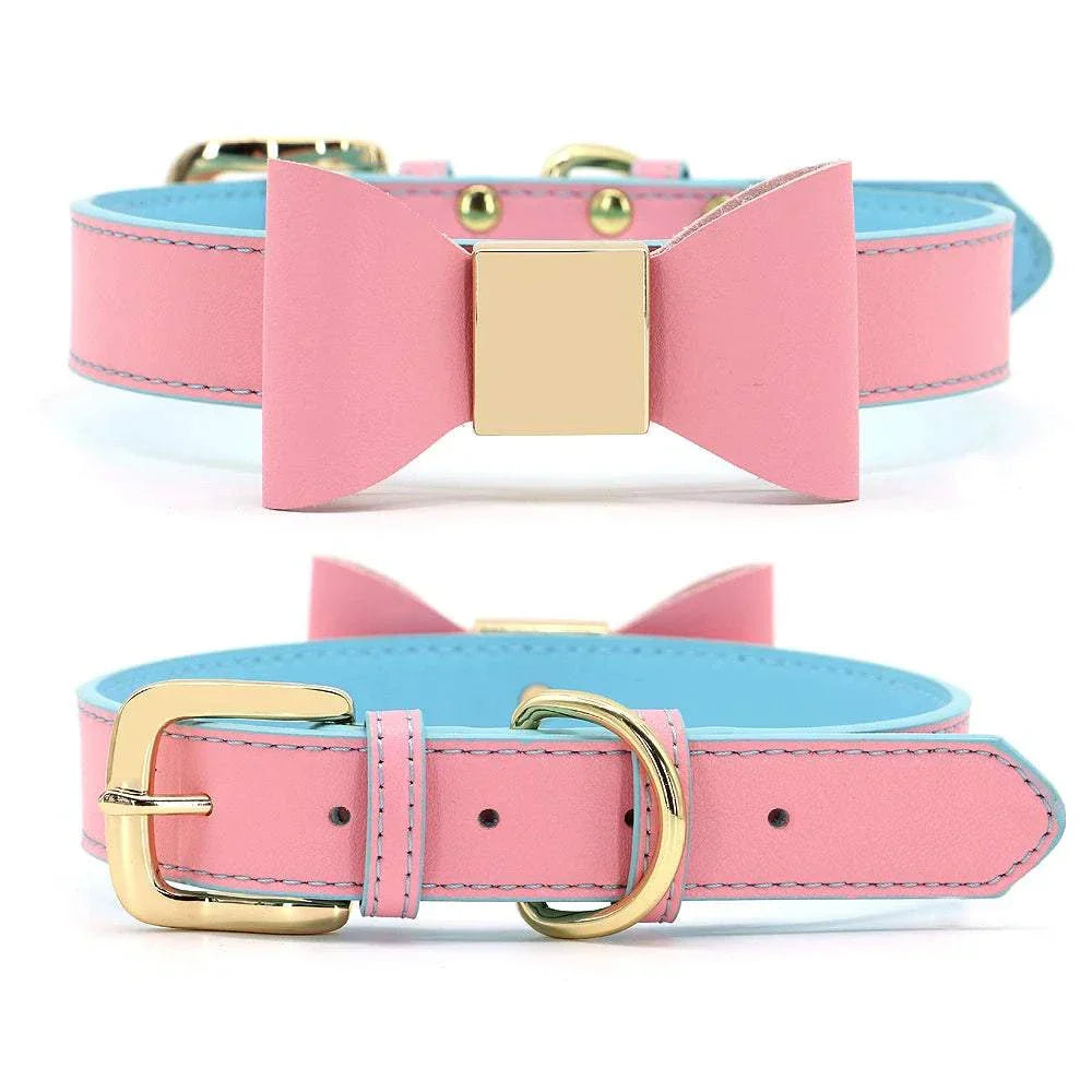 Personalised pink dog collar with gold bowtie and blue lining for small dogs and cats