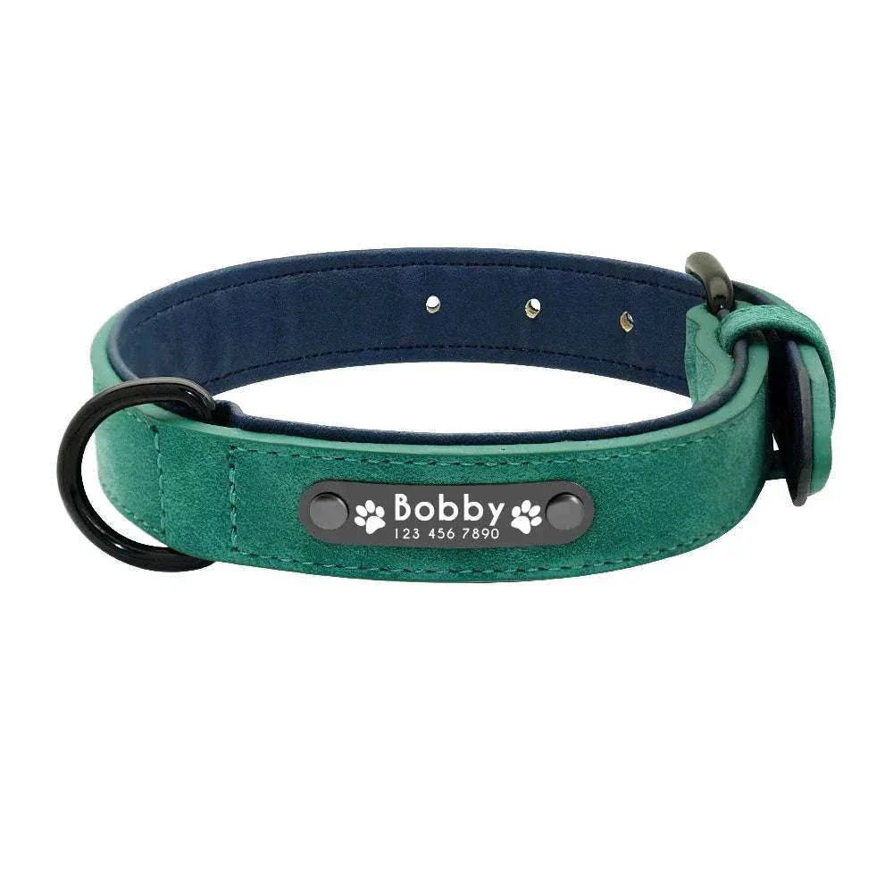 Customised green leather dog collar with engraved name and phone number for stylish and durable pet accessory