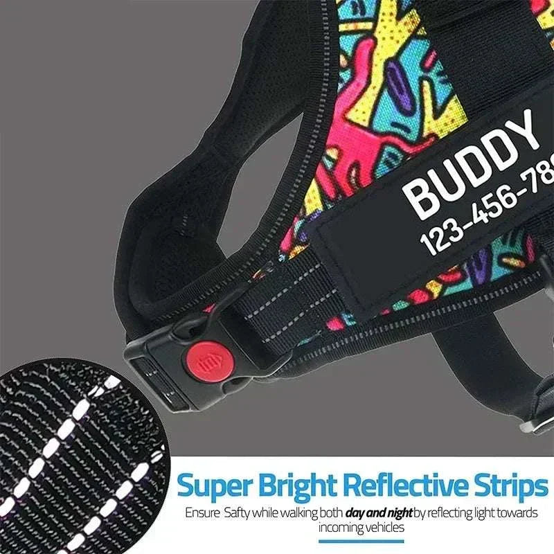 Personalised no-pull reflective dog harness with bright stripes and custom name patch in vibrant pattern