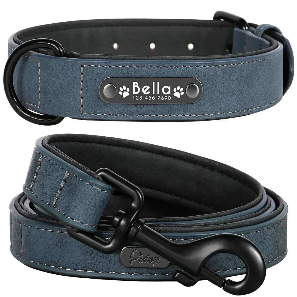 Customised blue leather dog collar and leash set with personalized name tag and phone number engraving