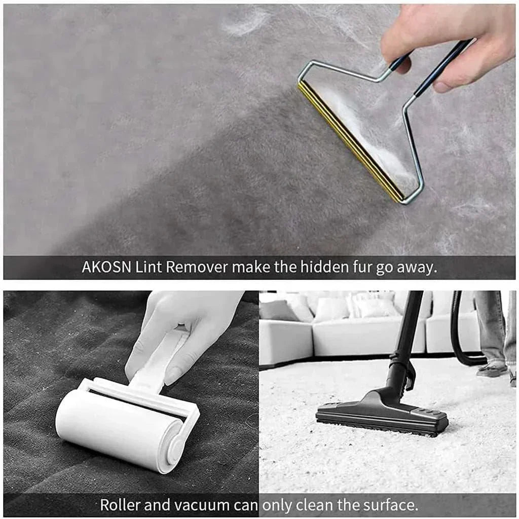 Pet Hair Remover cleaning tool easily removes pet hair, lint, and pills from fabric surfaces without batteries.