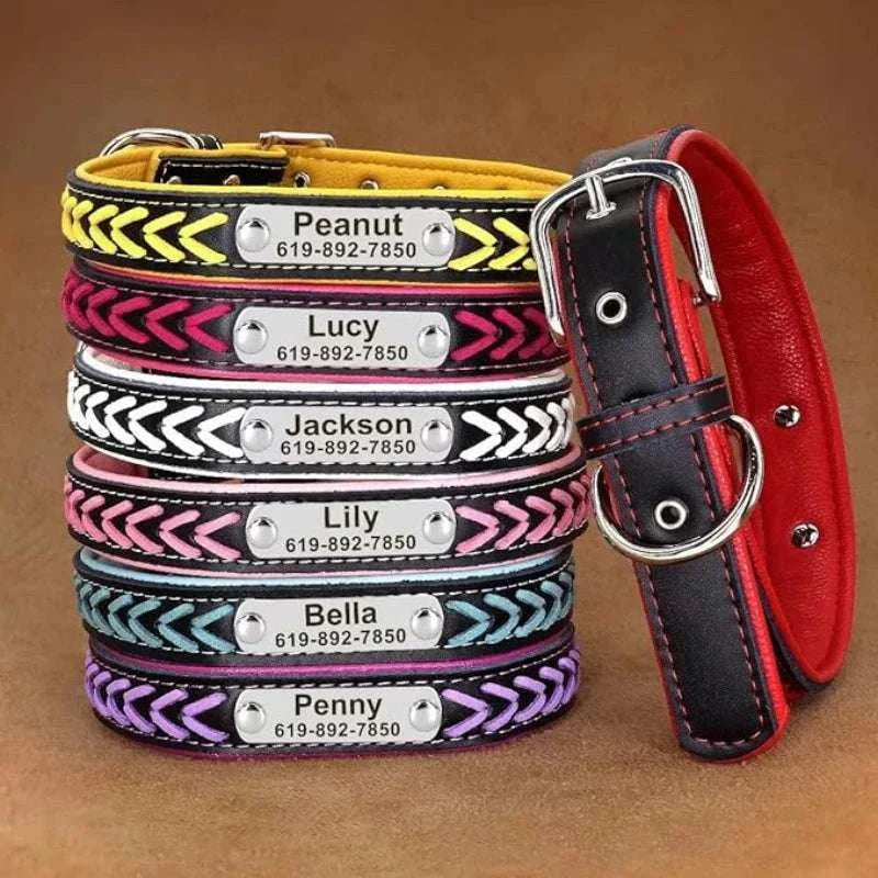 Personalised braided leather dog collars with custom engraved nameplates and phone numbers in multiple colors stacked together