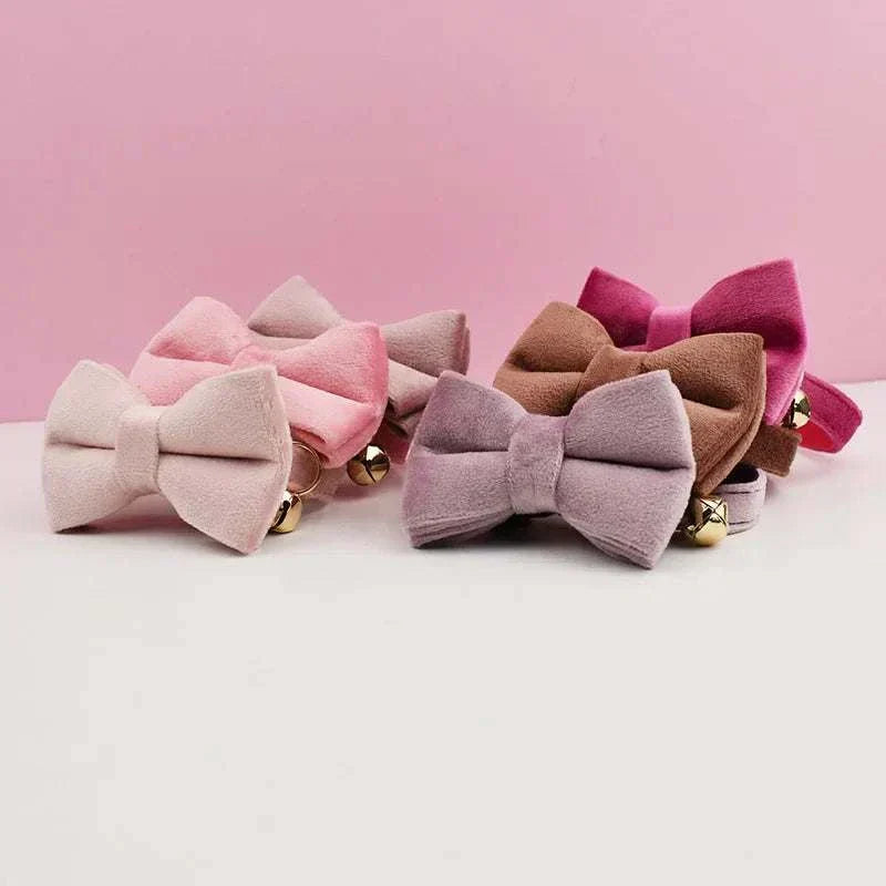 Luxury velvet cat collars with personalized name plate, bell, and bow tie in various soft colors