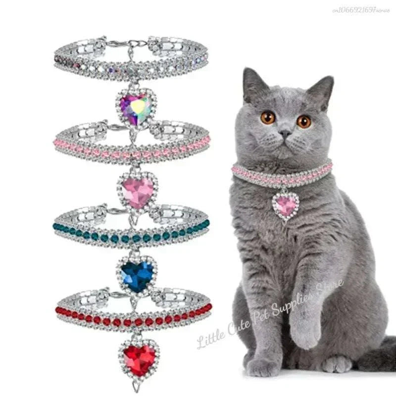 Pretty Kitty's heart pendant diamante collar necklace for cats in multiple colors with silver plating and zircon stones