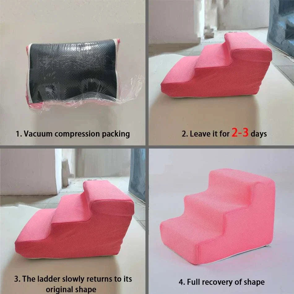 Pink pet stairs for small dogs and cats with anti-slip washable cover showing vacuum compression packing and shape recovery process