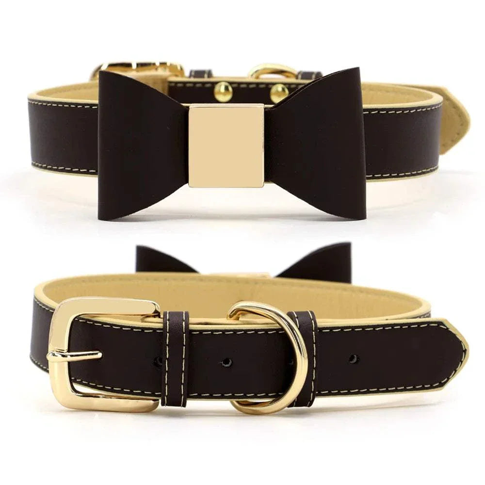 Personalised brown dog collar with elegant bowtie and gold buckle for small to medium dogs