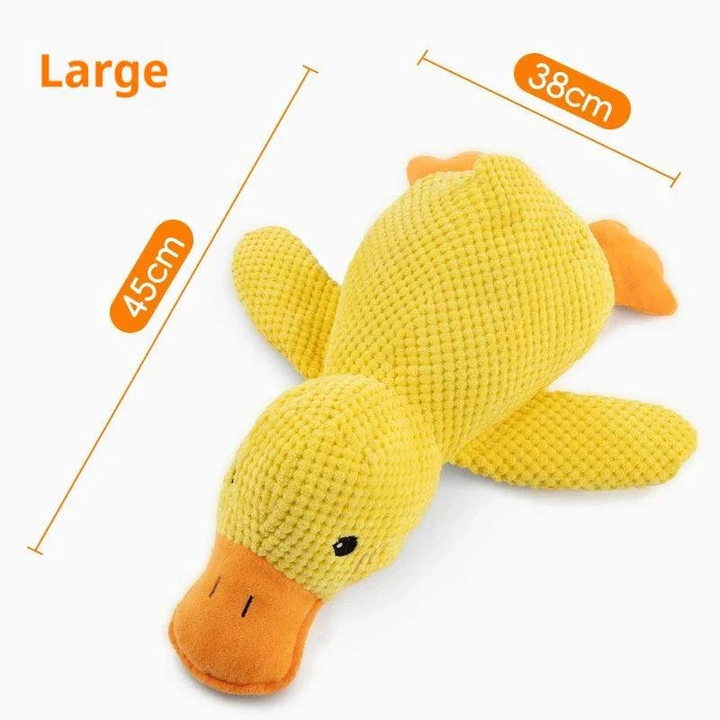 Large Snuggle Duck dog toy with squeaker, 45cm x 38cm, yellow plush durable design.
