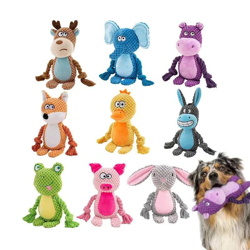 Cute Animal Rope plush dog toys in various animal shapes with squeaky knots for puppies and dogs