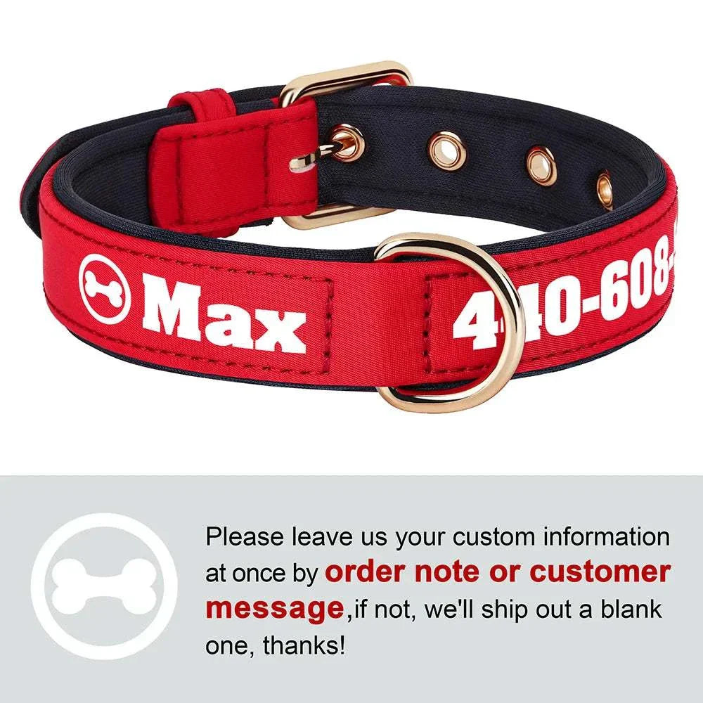 Soft padded PU leather dog collar with custom name and phone number engraving in red and black