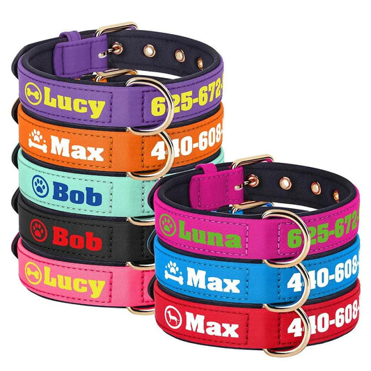 Colorful personalised soft padded PU leather dog collars with custom name and phone number engraving for medium and large dogs