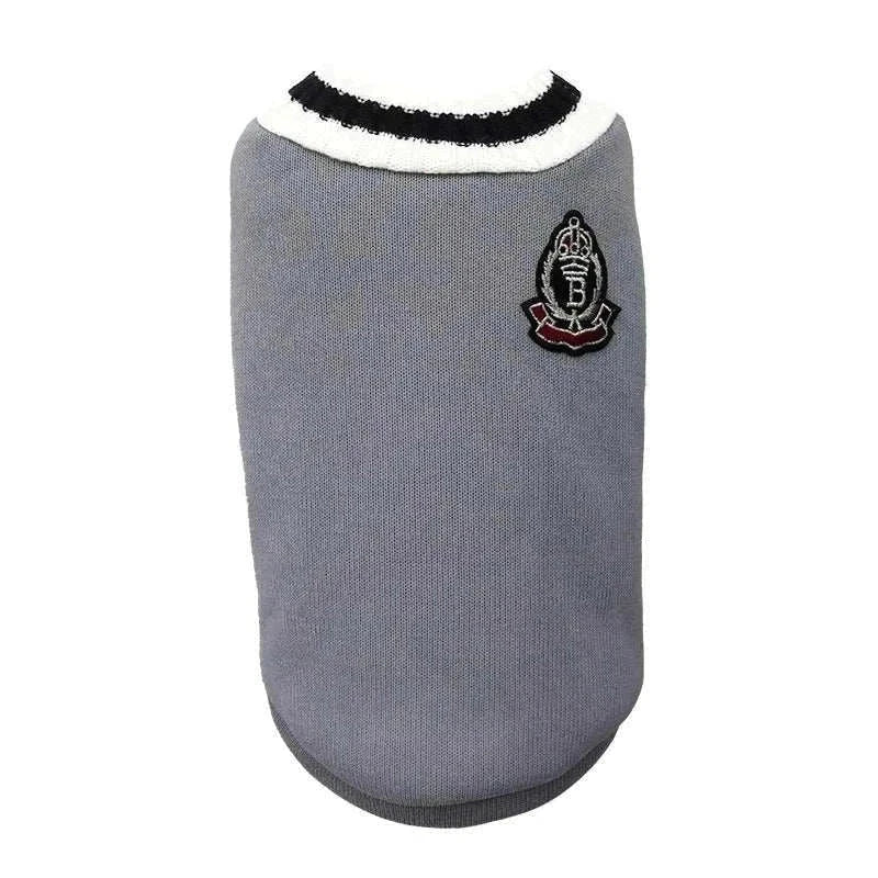 grey varsity sweater jumper for cats and small dogs with collegiate patch design